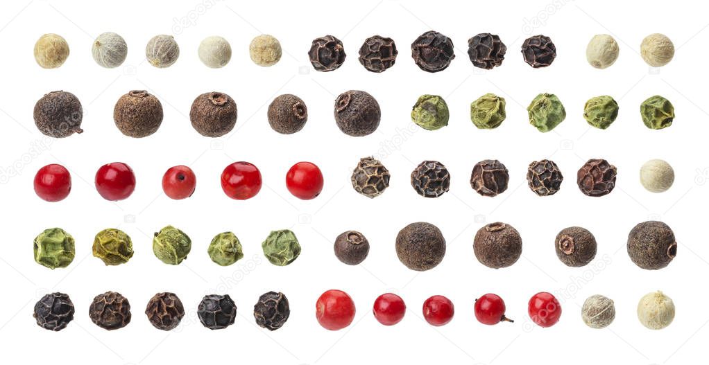 Different peppercorns. Black, red, white peppercorns isolated on white background, collection
