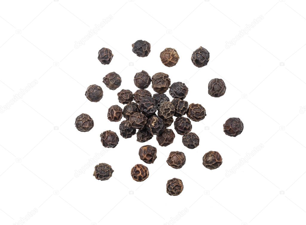 Heap of black pepper isolated on white background, macro, top view