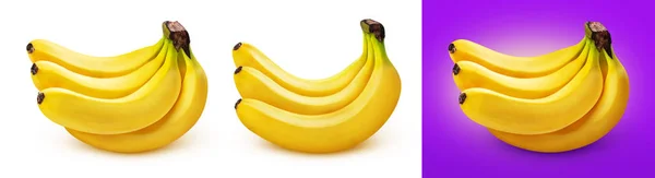 Massa bananer isolerade på vita och lila bakgrund — Stockfoto