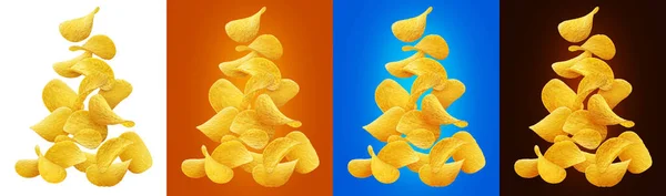 La caída de papas fritas aisladas en diferentes fondos de color — Foto de Stock