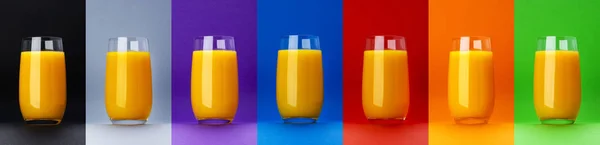 Vaso de zumo de naranja aislado en diferentes fondos de color, zumo de cítricos frescos, cóctel de naranja, primer plano — Foto de Stock