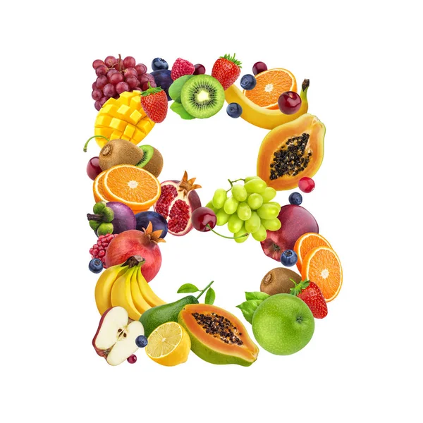 Letter B gemaakt van verschillende vruchten en bessen, fruit font geïsoleerd op witte achtergrond — Stockfoto