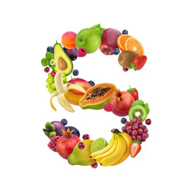 Mektup S farklı meyve ve çilek yapılmış, meyve yazı beyaz arka plan üzerinde izole, sağlıklı alfabe