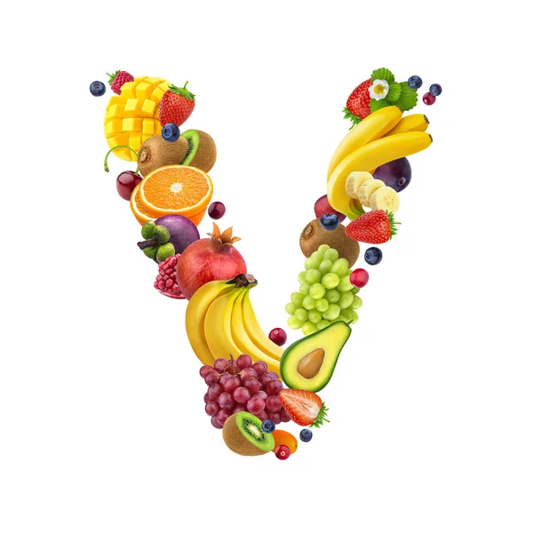 Litera V wykonane z różnych owoców i jagód, owoców czcionki na białym tle na białym tle, zdrowe alfabet — Zdjęcie stockowe