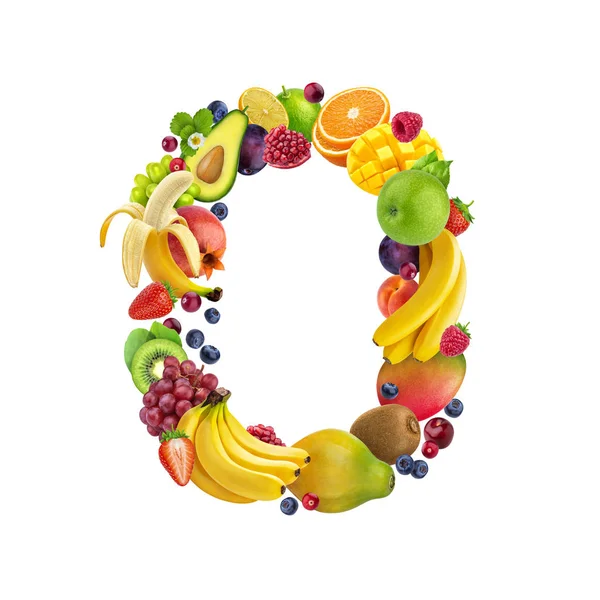 Letter O made of different fruits and berries, fruit alphabet isolated on white background — Stock Photo, Image
