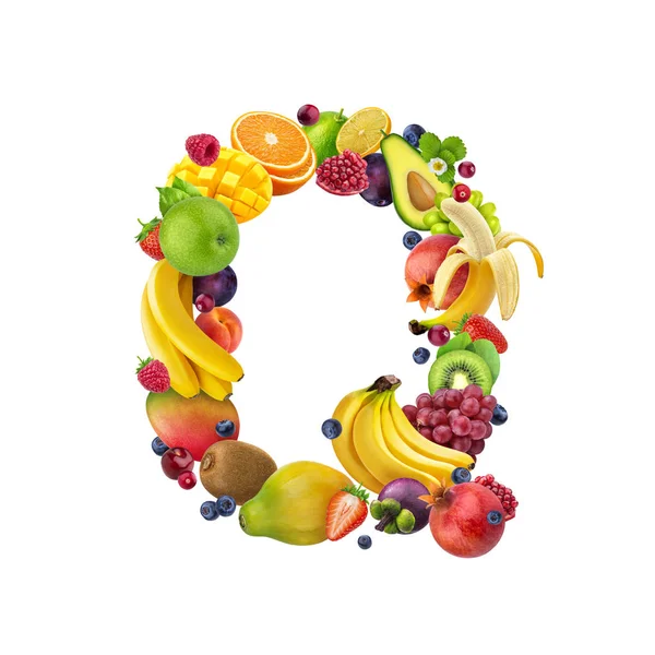 Letter Q made of different tropical fruits and berries, exotic fruit font isolated on white background, healthy alphabet — Stock Photo, Image