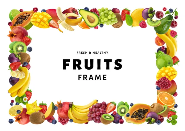 Marco hecho de diferentes frutas y bayas, aislado sobre fondo blanco, concepto de comida saludable, espacio para copiar — Foto de Stock
