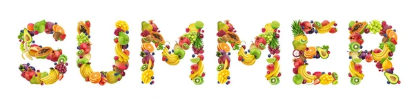 Palavra verão feito de frutas e bagas diferentes, fonte de fruta isolada no fundo branco — Fotografia de Stock