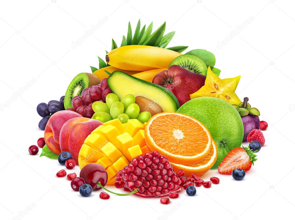 Fruits and berries assortment isolated on white background with clipping path