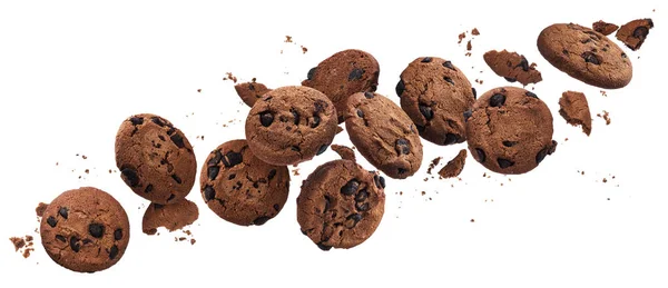 Falling broken chocolate chip cookies isolated on white background with clipping path — Stock Photo, Image