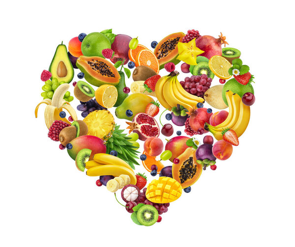 Heart shape made of different fruits and berries, isolated on white background, heart symbol, diet and healthy food concept