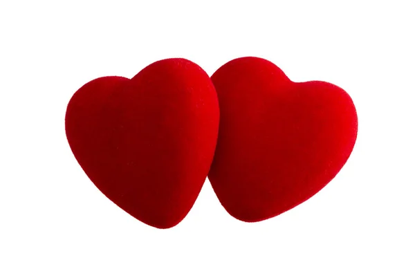 Két vörös Bársony szív izolált fehér háttér Vágógörbe — Stock Fotó