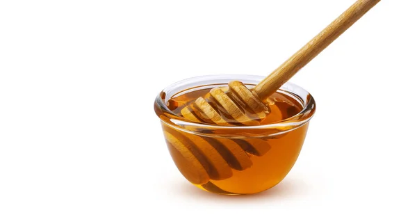 Stick μέλι και μπολ του μελιού που απομονώνονται σε λευκό φόντο με διαδρομή αποκοπής — Φωτογραφία Αρχείου