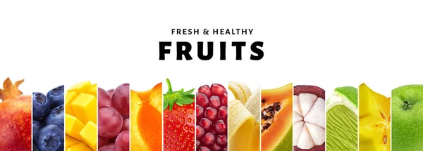 Koláž z ovoce izolovaných na bílém pozadí s kopií prostor, čerstvé a zdravé ovoce a bobule detail — Stock fotografie