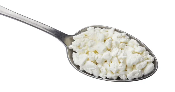 Spoon of cottage cheese isolated on white background, top view — Stock Photo, Image