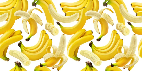 Bezproblémové vzory banánů, padající banány izolované na bílém pozadí s ořezovou cestou — Stock fotografie