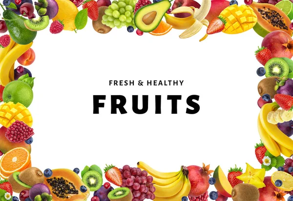 Quadro feito de frutas e bagas diferentes, isolado em fundo branco, conceito de comida saudável — Fotografia de Stock
