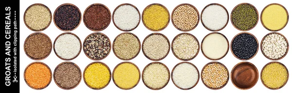 Diferentes cereales, granos y copos aislados sobre fondo blanco con ruta de recorte, vista superior — Foto de Stock