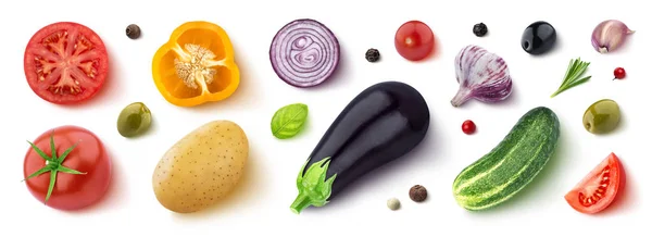 Sortiment av olika grönsaker, örter och kryddor, Flat Lay, uppifrån — Stockfoto
