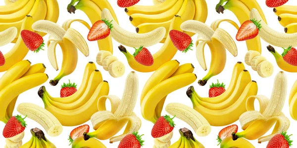 Banana and strawberry seamless pattern, falling bananas and strawberries isolated on white background with clipping path