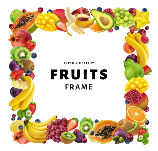 Marco cuadrado hecho de diferentes frutas y bayas, aislado sobre fondo blanco, concepto de comida saludable, espacio para copiar — Foto de Stock