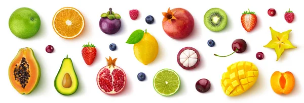 Asortyment różnych owoców i jagód, płaski lay, widok z góry — Zdjęcie stockowe