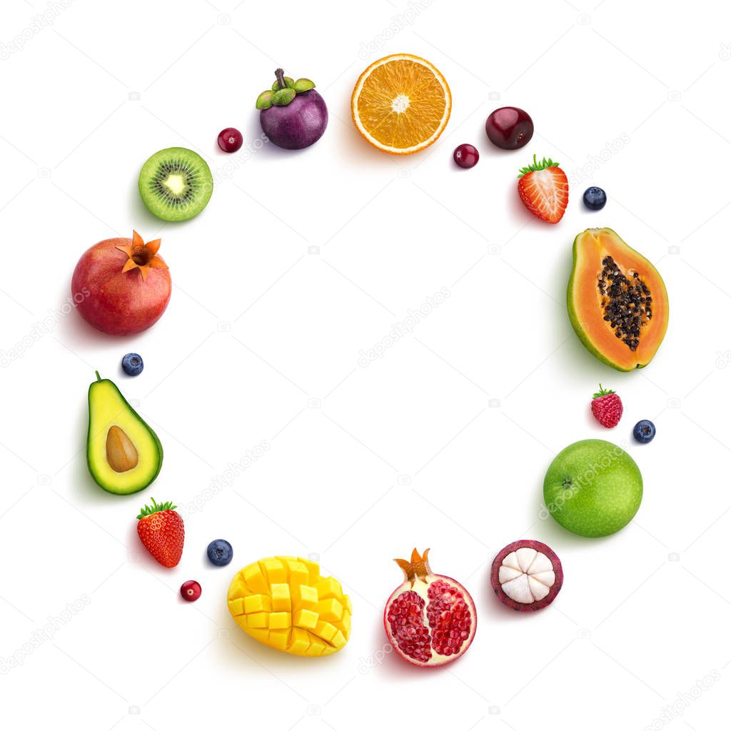 Various fruits and berries isolated on white background, top view, round frame of fruits with empty space for text