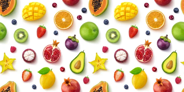 Bezszwowy wzór różnych owoców i jagód, płaski lay, widok z góry — Zdjęcie stockowe