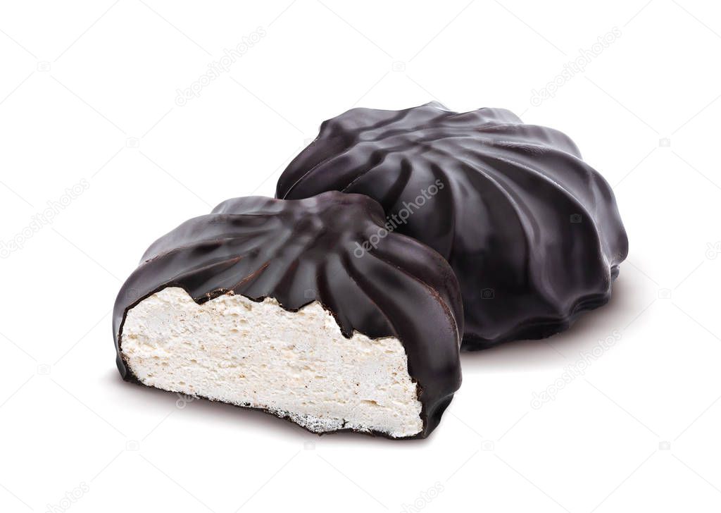 Chocolate covered marshmallows, traditional russian zephyr in chocolate isolated on white background