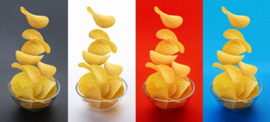 Potato chips falling into glass bowl isolated on white background, flying potato crisps clipart