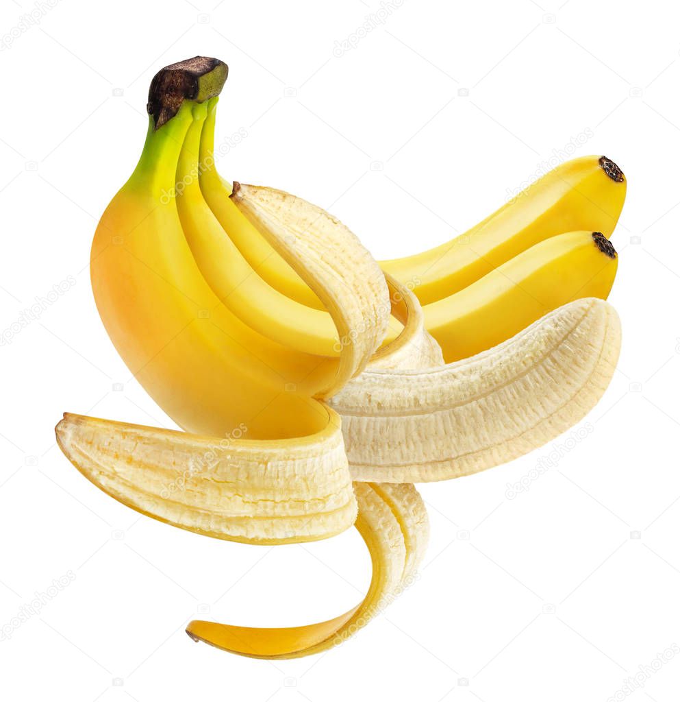 Peeled banana isolated on white background, one open banana bunch