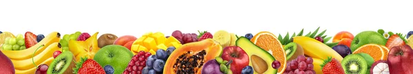 Verschiedene Früchte isoliert auf weißem Hintergrund mit Kopierraum, Rand aus Früchten und Beeren — Stockfoto