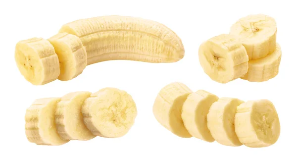 Geschälte Bananenscheiben isoliert auf weißem Hintergrund — Stockfoto