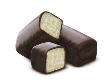 Beyaz arka planda izole edilmiş sırlı lor peyniri, vanilyalı cheesecake