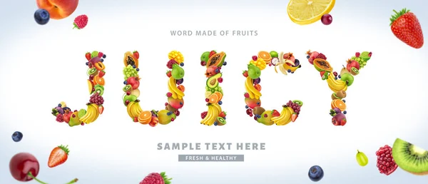 Word JUICY made of different fruits and berries