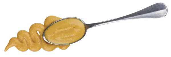 Salsa de mostaza con cuchara aislada sobre fondo blanco, vista superior — Foto de Stock