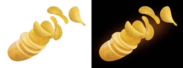 Aardappelschijfjes draaien in vliegende aardappelchips geïsoleerd op witte en zwarte achtergronden — Stockfoto