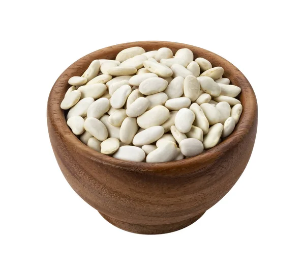 Dřevěná miska se sušenými bílými fazolemi na bílém pozadí — Stock fotografie