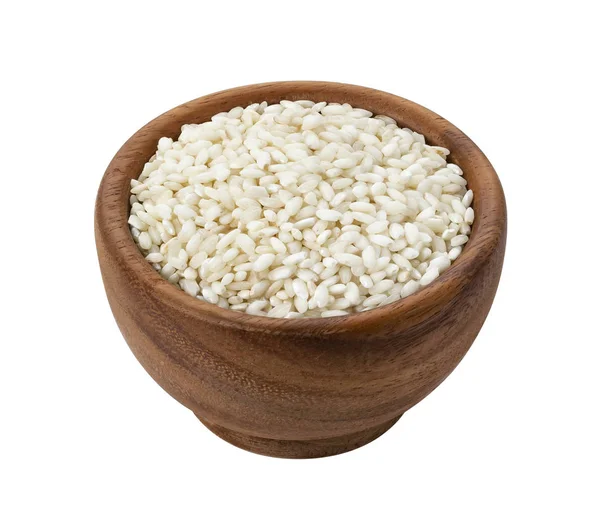 Wooden bowl of risotto rice isolated on white background with clipping path — Stock Photo, Image