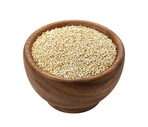 Wooden bowl of quinoa seeds isolated on white background — Stock Photo, Image