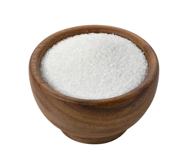 Zucchero in ciotola di legno isolato su sfondo bianco — Foto Stock