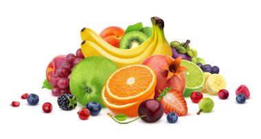 Kırpma yolu ile beyaz arka planda izole meyve ve çilek çeşitleri