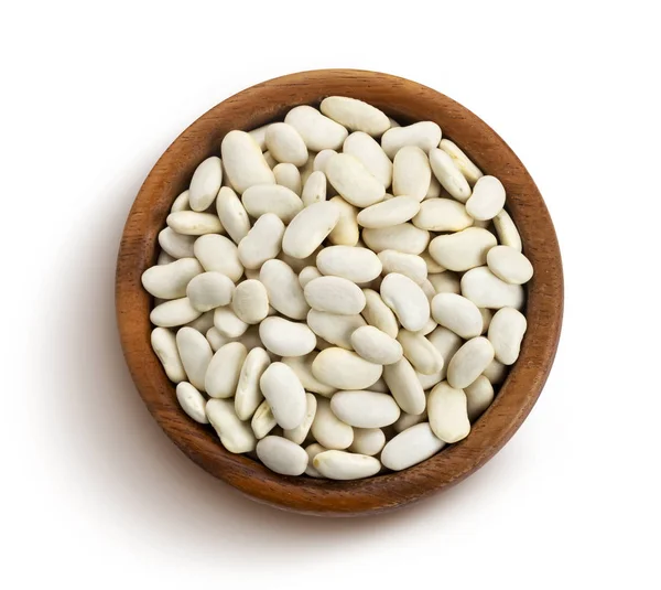 White beans in wooden bowl isolated on white background — Stock Photo, Image