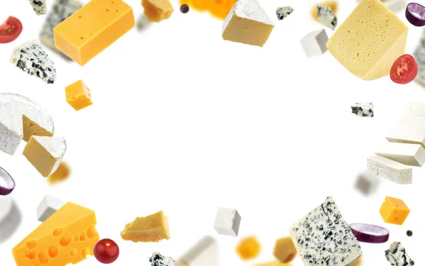 Ostram isolerad på vit bakgrund, olika typer av ost — Stockfoto
