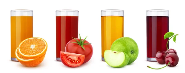Vasos de diferentes jugos, frutas y bayas aislados sobre fondo blanco —  Fotos de Stock