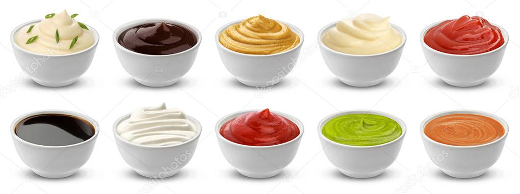 Collection of different sauces isolated on white background with clipping path