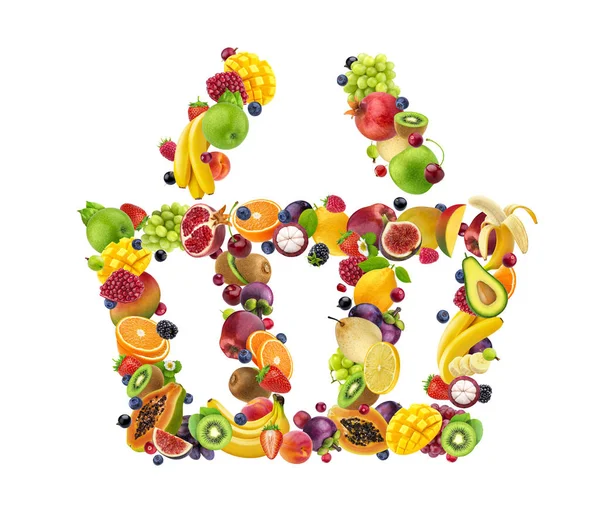Ícone de cesta de compras feito de frutas frescas caindo e bagas isoladas no fundo branco — Fotografia de Stock