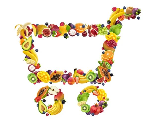 Wózek spożywczy wykonany ze świeżych owoców i jagód wyizolowanych na białym tle — Zdjęcie stockowe
