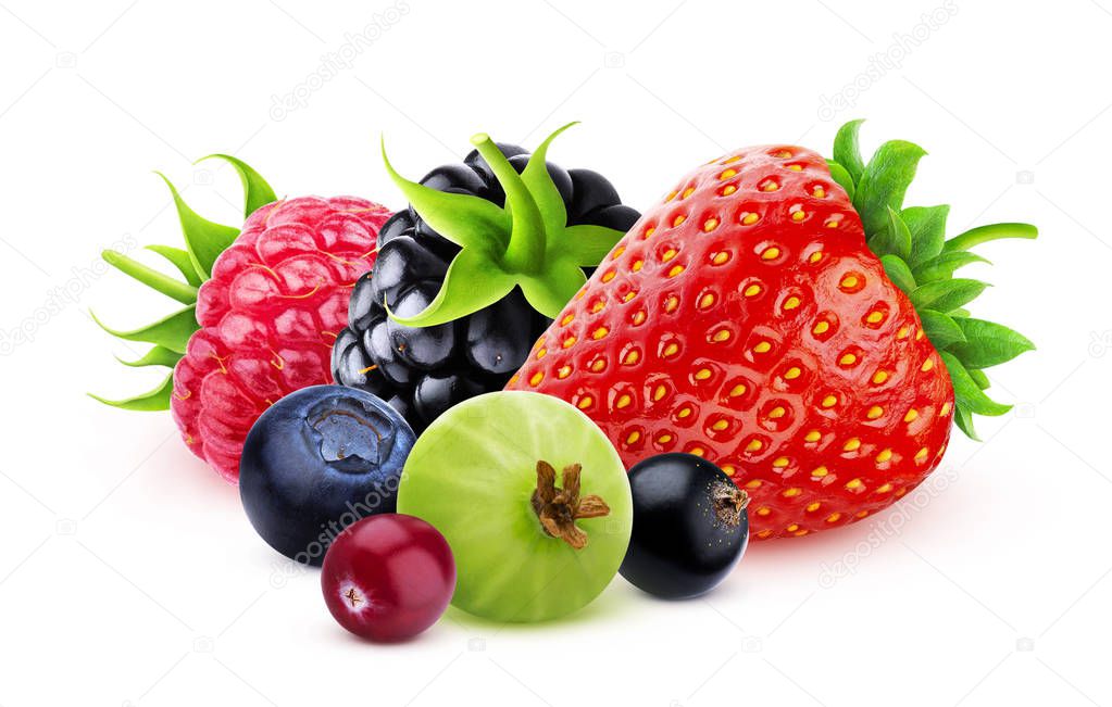 Pile of different wild berries isolated on white background with clipping path