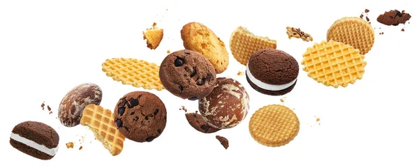 Падіння тортів, печива, крекери, вафлі ізольовані на білому тлі — стокове фото